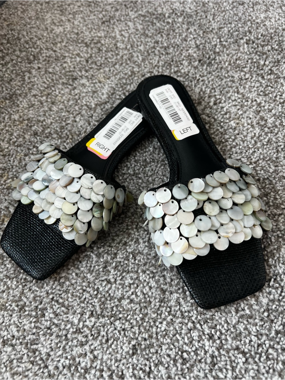 Delta Black Slide Mules with Iridescent Shell Discs